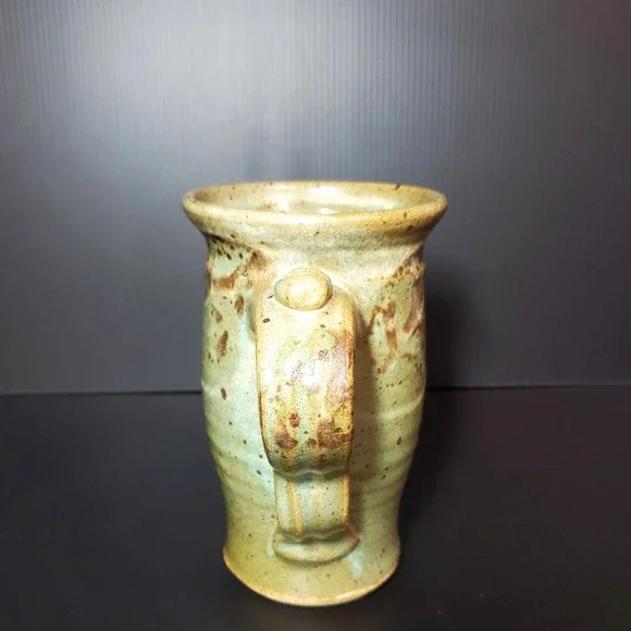 Studio Pottery Tall Mug Stoneware Leaf Motif Green Brown Handle with thumb rest - Picture 4 of 10